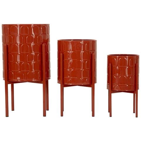 Set 3 Porta-vasi Archy In Ferro Laccato Rosso Con Piedistallo - Foto 2