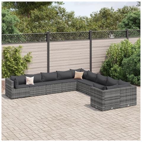 Set Divano da Giardino 10 pz con Cuscini Grigio in Polyrattan - Foto 2