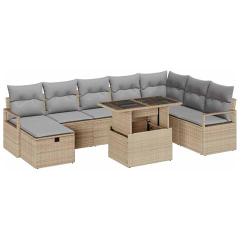 Set di divani da giardino a 9 pezzi con cuscini beige in polyrattan,  Divano da giardino per 2 persone con cuscini beige in polyrattan - Foto 1