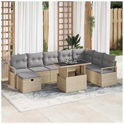 Set di divani da giardino a 9 pezzi con cuscini beige in polyrattan,  Divano da giardino per 2 persone con cuscini beige in polyrattan - Foto 2