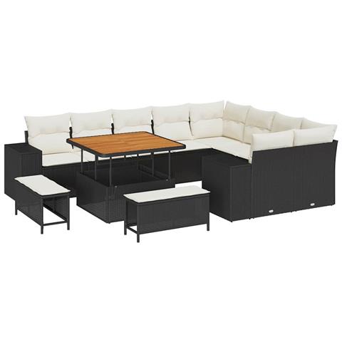 Set divani giardino 12 pezzi in rattan poli neri e acacia, Set dining giardino 3 pezzi con cuscini in rattan poli neri e acacia - Foto 1