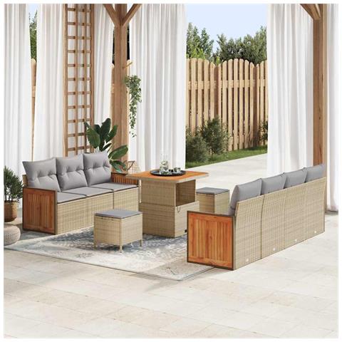 Set Divano da Giardino 10 Pezzi con Cuscini Rattan Sintetico Beige Acacia, Set da Pranzo da Giardino 3 Pezzi con Cuscini Rattan Sintetico Beige Acacia - Foto 2