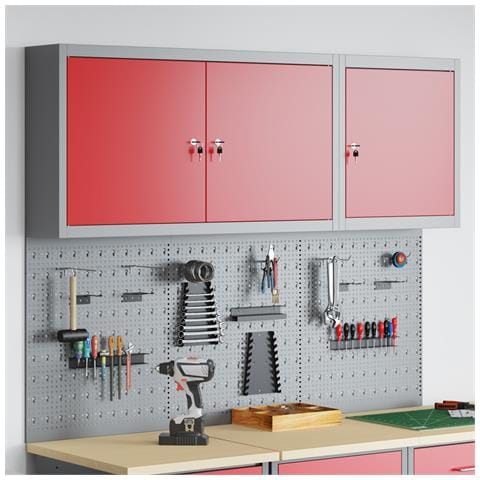 Set di Armadietto per Attrezzi e Pannello Forato da 5 Pezzi Montato a Muro Rosso in Metallo - Foto 2