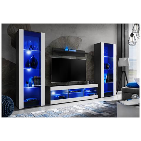 Komodee, Set di mobili porta TV Tivoli Grande RTV, Nero Bianco, LED Blu, Larghezza 250 cm x Altezza 159 cm x Profondità 35 cm, Per soggiorno, Camera da letto - Foto 2