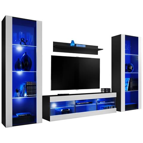 Komodee, Set di mobili porta TV Tivoli Grande RTV, Nero Bianco, LED Blu, Larghezza 250 cm x Altezza 159 cm x Profondità 35 cm, Per soggiorno, Camera da letto - Foto 1