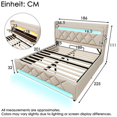 Letto In Lino Beige Con Led A 360°, Ricarica Usb/type-c E Tasche - Foto 3