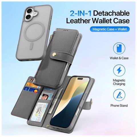 Cover Cartera per iPhone 16 Plus - Pelle /PU, Grigio, MagSafe - Foto 4
