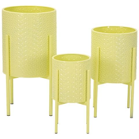 Set 3 Porta-vasi Iris In Ferro Laccato Giallo Con Piedistallo - Foto 1