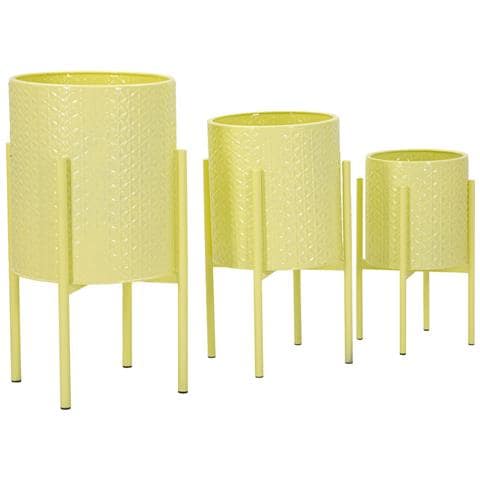 Set 3 Porta-vasi Iris In Ferro Laccato Giallo Con Piedistallo - Foto 2