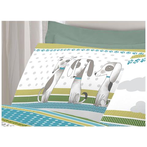 Completo Lenzuola Letto Pensieri Delicati 100% Cotone Dis. Bau Bau Singolo Verde - Foto 2