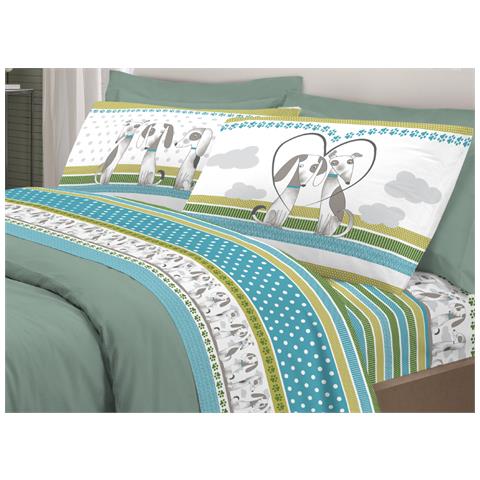 Completo Lenzuola Letto Pensieri Delicati 100% Cotone Dis. Bau Bau Singolo Verde - Foto 1