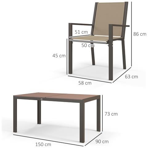 Set da Giardino 7 Pezzi in Plastica con 6 Sedie Impilabili e Tavolo Rettangolare, Kaki e Marrone - Foto 2