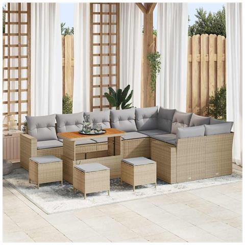 Set divani giardino 13 pezzi con cuscini Beige Rattan Polimero Acacia, Set pranzo giardino 4 pezzi con cuscini Beige Rattan Polimero Acacia - Foto 2