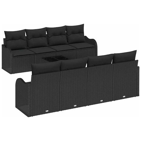 Set Divano Giardino 9 Pezzi con Cuscini Neri in Rattan Sintetico, Divano Giardino 2 Posti con Cuscini Neri in Rattan Sintetico - Foto 1