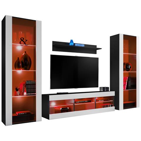 Komodee, Set di mobili porta TV Tivoli Grande RTV, Nero Bianco, LED RGB, Larghezza 250 cm x Altezza 159 cm x Profondità 35 cm, Per soggiorno, Camera da letto - Foto 1