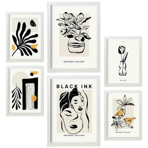 Set Di 6 Stampe Artistiche E Astratte Orientali Con Inchiostro Nero Per L'interior Design A3 & A4 Cornice Bianca - Foto 1