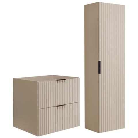 | Set di mobili da bagno - Beige Mat - Cachemire | 60/57/46 cm & 35/136/27 cm | Mobili sottolavabo, mobili da bagno, armadio alto, mobile da bagno - Foto 1
