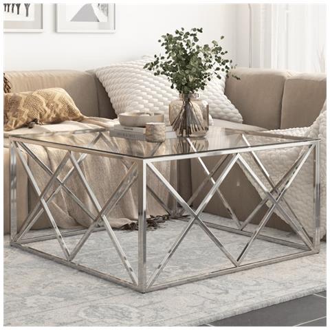 Tavolino Salotto Argento Acciaio Inossidabile Vetro Temperato - Foto 8