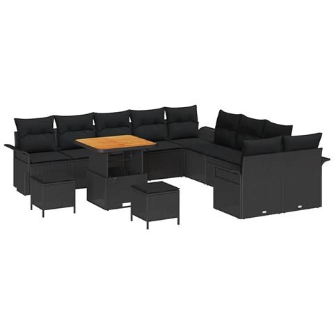 Set di divani da giardino 13 pezzi con cuscini, nero, polyrattan, acacia, Divano da giardino 2 posti con stoccaggio e cuscini, nero, polyrattan, Set di cucina da giardino 3 pezzi con cuscini, nero, polyrattan, acacia - Foto 1