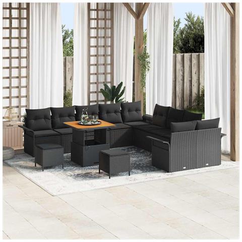 Set di divani da giardino 13 pezzi con cuscini, nero, polyrattan, acacia, Divano da giardino 2 posti con stoccaggio e cuscini, nero, polyrattan, Set di cucina da giardino 3 pezzi con cuscini, nero, polyrattan, acacia - Foto 2