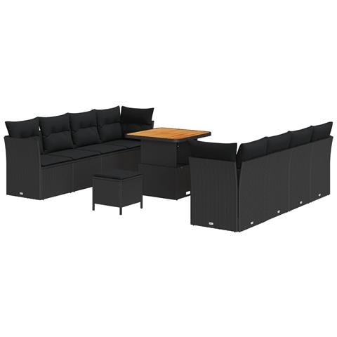 Set di divano da giardino 11 pezzi con cuscini Nero Polyrattan Acacia, Set da pranzo da giardino 3 pezzi con cuscini Nero Polyrattan Acacia - Foto 1