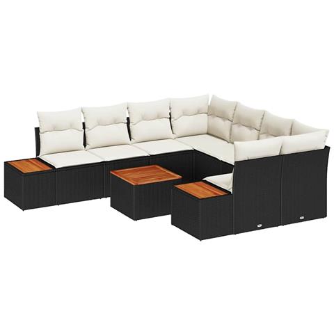 Set Divano Giardino 9 Pezzi con Cuscini Nero in Polyrattan e Acacia - Foto 1