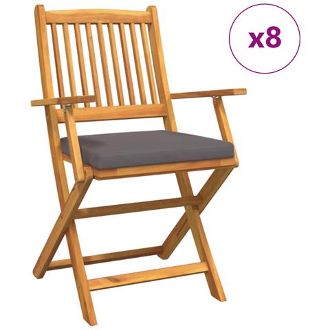 Sedia da Giardino Pieghevole con Cuscino Grigio 8 pezzi in Legno Massello di Acacia - Foto 1