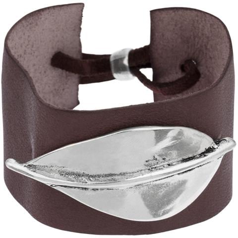 Bracciale In Pelle E Argento ""foglia"" Marrone-argento - Foto 1