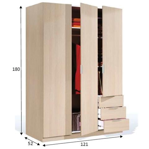 Guardaroba Warren, Armadio Per Camera Da Letto A 3 Ante E 3 Cassetti, Mobile Con 3 Ripiani E Barra Appendiabiti, 121x52h180 Cm, Rovere - Foto 4