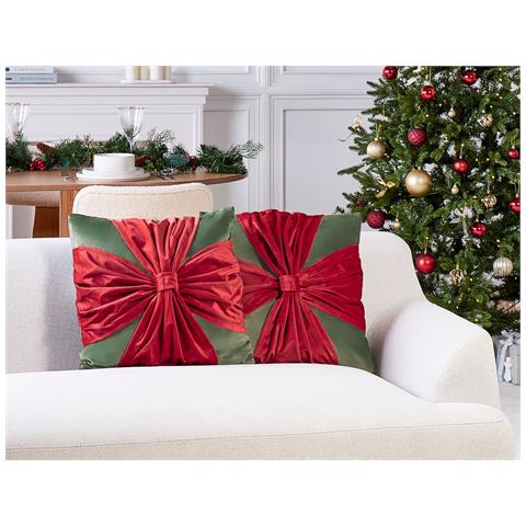 Set Di 2 Cuscini Marshmallow Velluto 45 X 45 Cm Rosso Verde Modello Natalizio - Foto 1