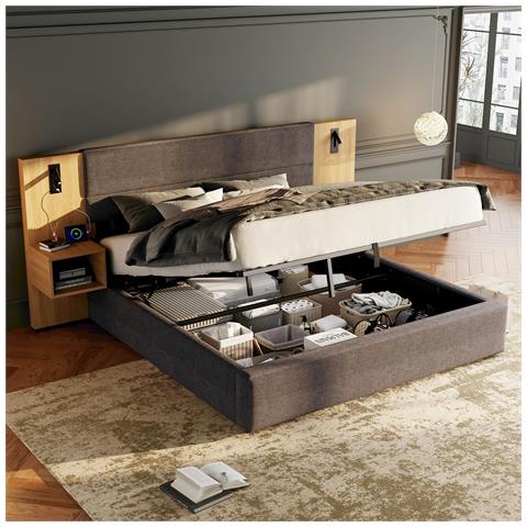 Letto Contenitore Letto Imbottito 160 X 200 Cm, Letto A Sponde Larghe Idraulico Con Connessione Usb, Con Illuminazione, Inclusi Due Comodini Con Contenitore, Grigio + Naturale - Foto 2