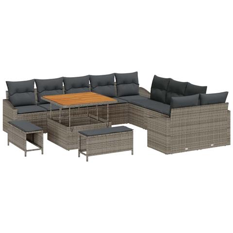 Set Divani Giardino 13 Pezzi con Cuscini in Polirattan Grigio Acacia,  Divano Giardino per 2 con Cuscini in Polirattan Grigio,  Set Pranzo Giardino 3 Pezzi con Cuscini in Polirattan Grigio Acacia - Foto 1