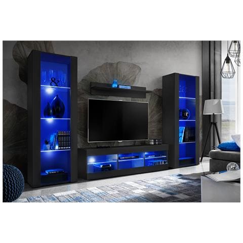 Komodee, Set di mobili porta TV Tivoli Grande RTV, Nero, LED Blu, Larghezza 250 cm x Altezza 159 cm x Profondità 35 cm, Per soggiorno, Camera da letto - Foto 2