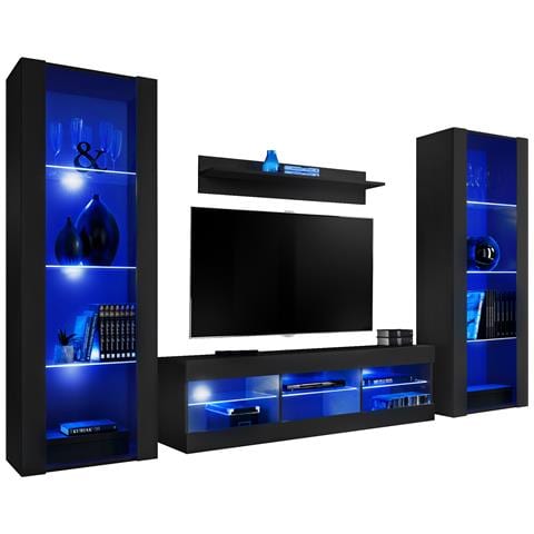 Komodee, Set di mobili porta TV Tivoli Grande RTV, Nero, LED Blu, Larghezza 250 cm x Altezza 159 cm x Profondità 35 cm, Per soggiorno, Camera da letto - Foto 1