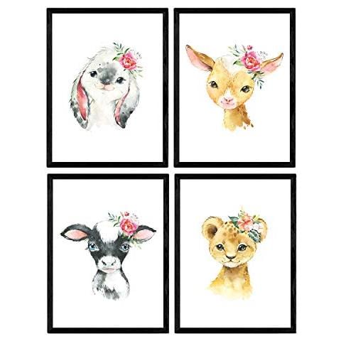 Set Di 4 Stampe Fogli Con Illustrazioni Di Animali. Poster Con Immagini Per Bambini Di Animali. Rabbit E Mucca Di Leon Alpaca. Senza Cornice A4 - Foto 1