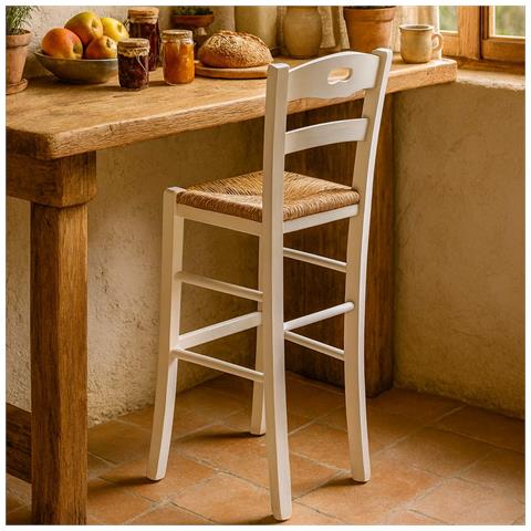 Coppia Di Sgabelli Da Bar Alti 80 Cm In Legno Bianco Con Manico Seduta In Paglia - Foto 1