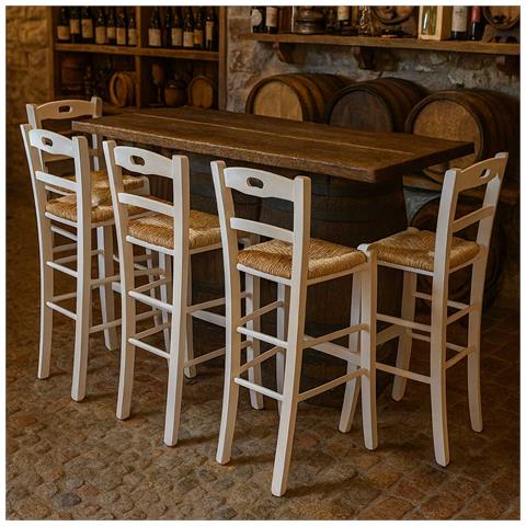 Coppia Di Sgabelli Da Bar Alti 80 Cm In Legno Bianco Con Manico Seduta In Paglia - Foto 2