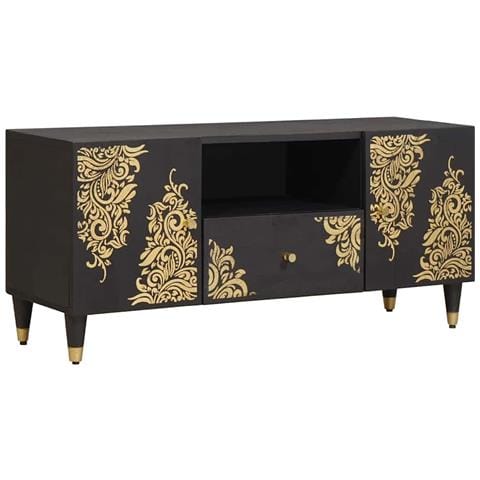 Mobile TV Nero 105 x 33 x 46 cm Legno di mango massello - Foto 1