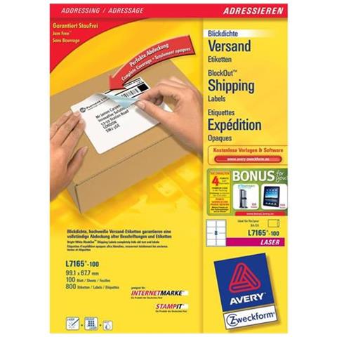 Zweckform L7165-100 Etichette Autoadesive 67.7 X 99.1 Mm 100 Fogli X 8 Etichette / foglio Bianco Opaco - Foto 1