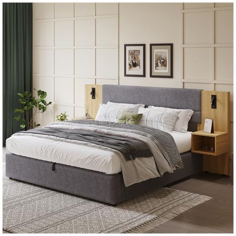 Letto Contenitore Letto Imbottito 180 X 200 Cm, Letto Idraulico Ad Orecchie Larghe Con Connessione Usb, Con Illuminazione, Inclusi Due Comodini Con Vano Contenitore, Grigio + Naturale - Foto 2