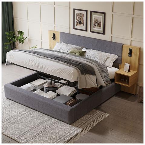 Letto Contenitore Letto Imbottito 180 X 200 Cm, Letto Idraulico Ad Orecchie Larghe Con Connessione Usb, Con Illuminazione, Inclusi Due Comodini Con Vano Contenitore, Grigio + Naturale - Foto 1