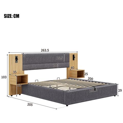 Letto Contenitore Letto Imbottito 180 X 200 Cm, Letto Idraulico Ad Orecchie Larghe Con Connessione Usb, Con Illuminazione, Inclusi Due Comodini Con Vano Contenitore, Grigio + Naturale - Foto 4