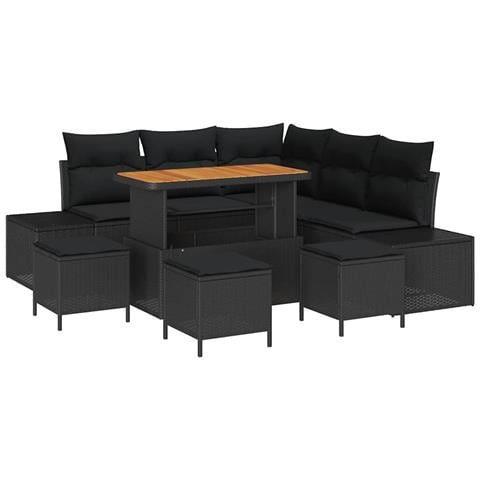 Set Divano Giardino 9 Pezzi con Cuscini Nero in Rattan Poli Acacia, Divano Giardino a Due Posti con Cuscini Nero in Rattan Poli, Set da Pranzo Giardino 4 Pezzi con Cuscini Nero in Rattan Poli Acacia - Foto 1