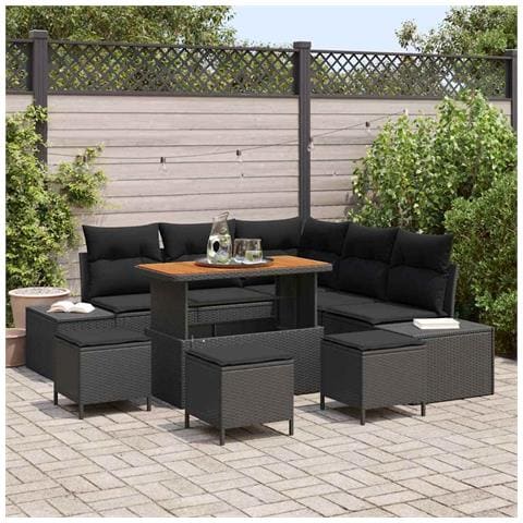 Set Divano Giardino 9 Pezzi con Cuscini Nero in Rattan Poli Acacia, Divano Giardino a Due Posti con Cuscini Nero in Rattan Poli, Set da Pranzo Giardino 4 Pezzi con Cuscini Nero in Rattan Poli Acacia - Foto 2