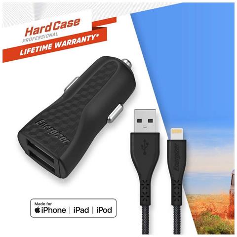 Caricatore Per Accendisigari 2 Usb 17w 3.4a Hardcase Con Cavo Lightning A Usb, Nero - Foto 2