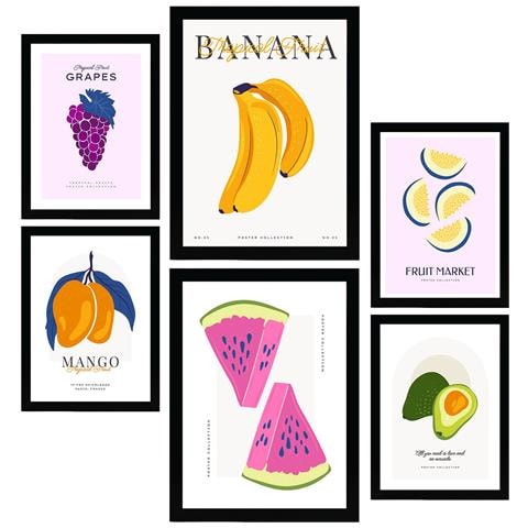 Set Di 6 Stampe Cibo E Nutrizione Frutta Estiva Natura E Nutrizione Per L'interior Design A3 & A4 Cornice Nera - Foto 1
