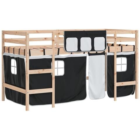 Letto A Soppalco Con Tende Bambini Bianco E Nero 80x200 Cm Pino - Foto 1