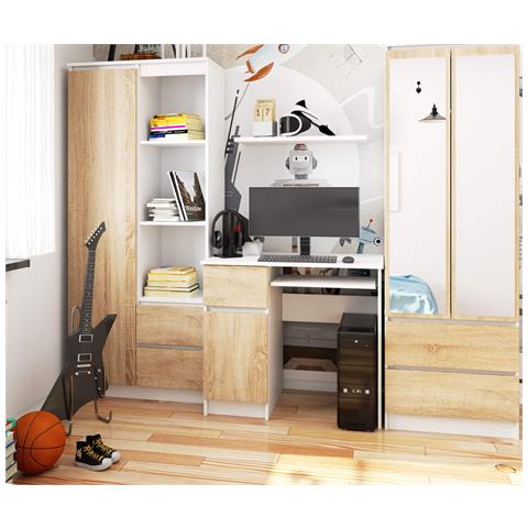 Scrivania per computer PIKSEL sinistro, 1 anta e 1 cassetto, 90x50x77 cm, Colore Bianco e Sonoma Quercia - Foto 7