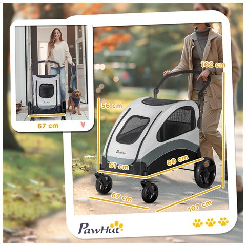 Passeggino Per Cani Di Taglia Media Con 4 Ruote, Borsa Portaoggetti E Finestra A Rete, 107x67x102 Cm, Grigio - Foto 2