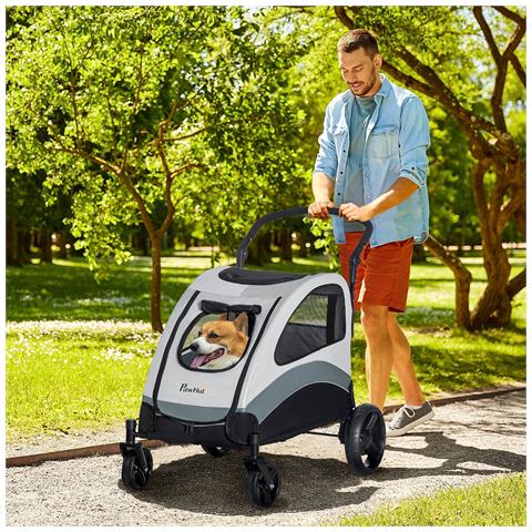 Passeggino Per Cani Di Taglia Media Con 4 Ruote, Borsa Portaoggetti E Finestra A Rete, 107x67x102 Cm, Grigio - Foto 6